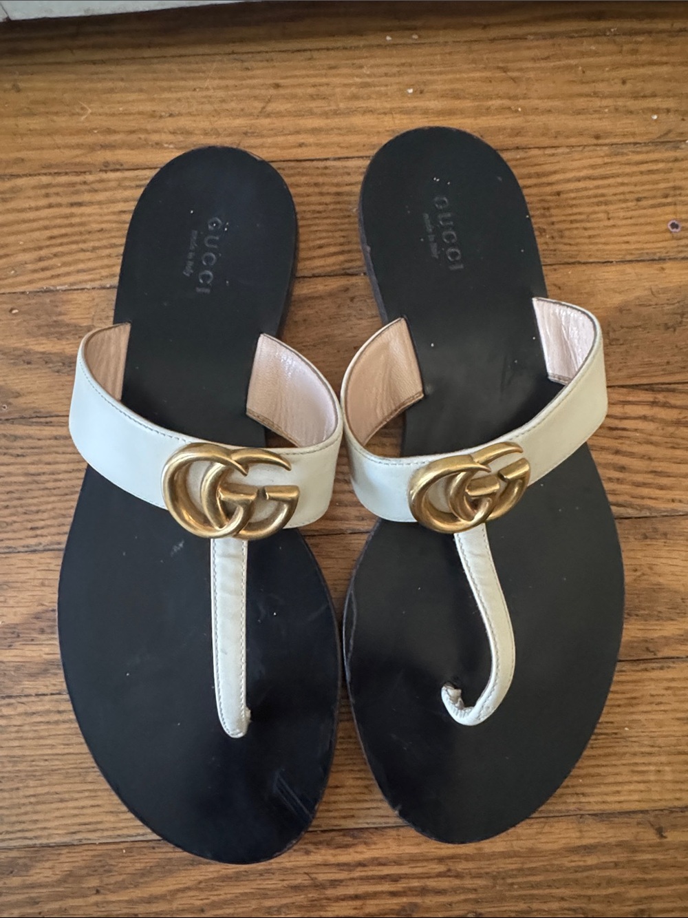 GUCCI Leather Marmont Thong Sandal with Double G, White, Leather, 38.5